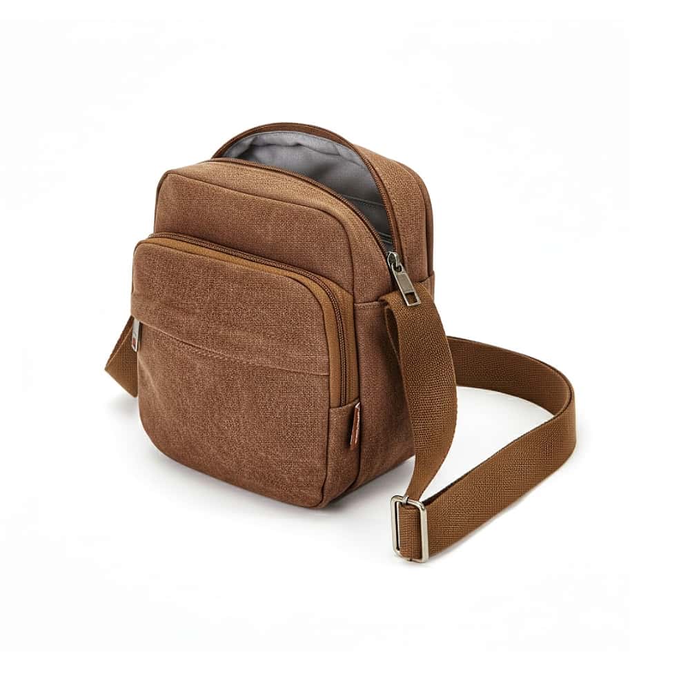 Bolso bandolera carmelita de lona con zíper Benzi - Miniatura 6