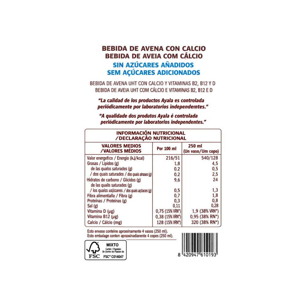 Leche de avena con calcio Ayala (1 L) - Miniatura 3