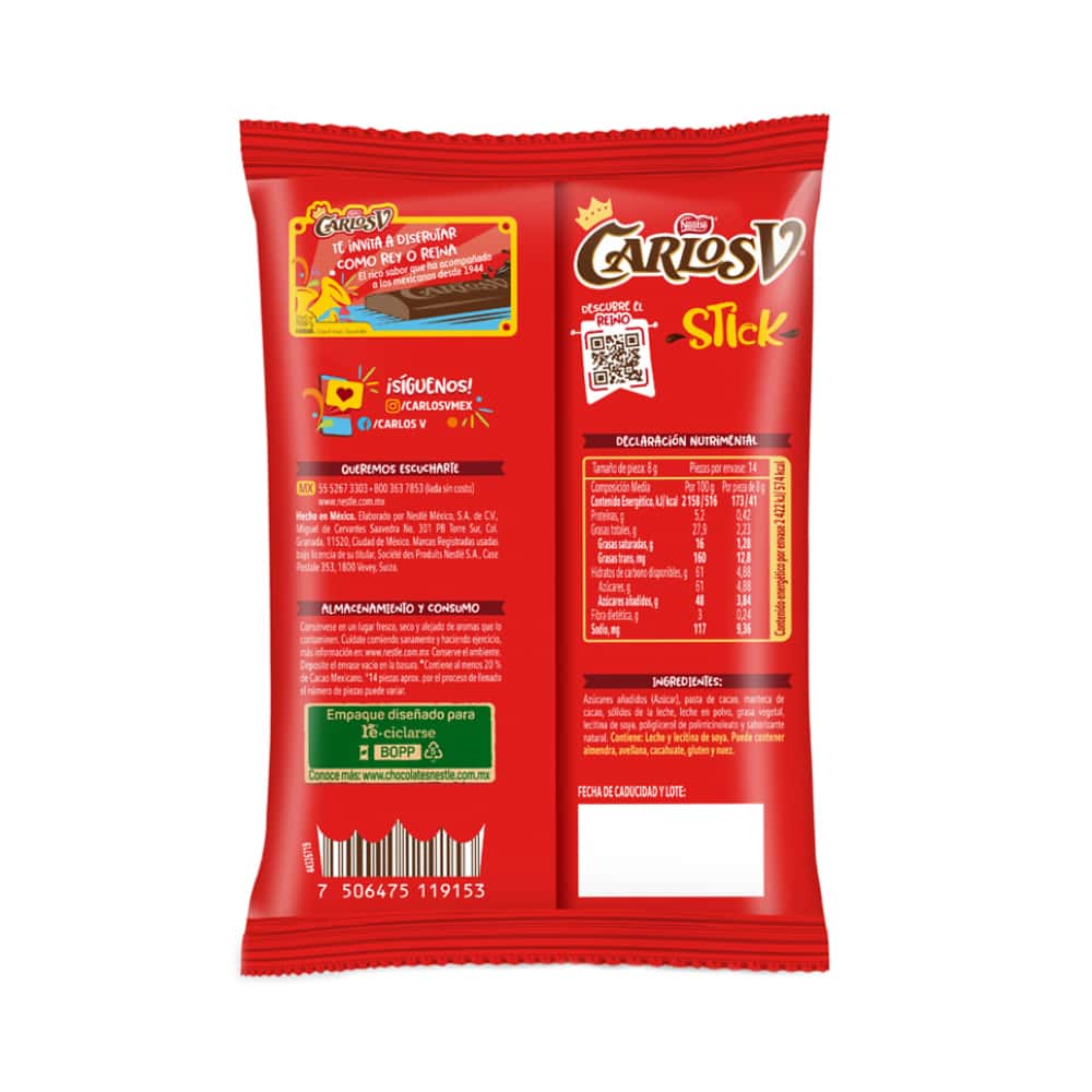 Barras de chocolate con leche Carlos V Nestlé (112 g / 3.95 oz) - Miniatura 2