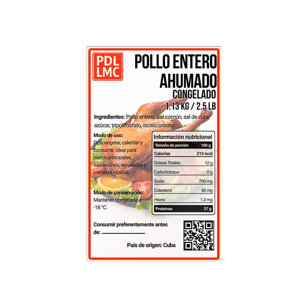 Pollo entero ahumado congelado PDL LMC (1.13 kg / 2.5 lb) - Miniatura 2