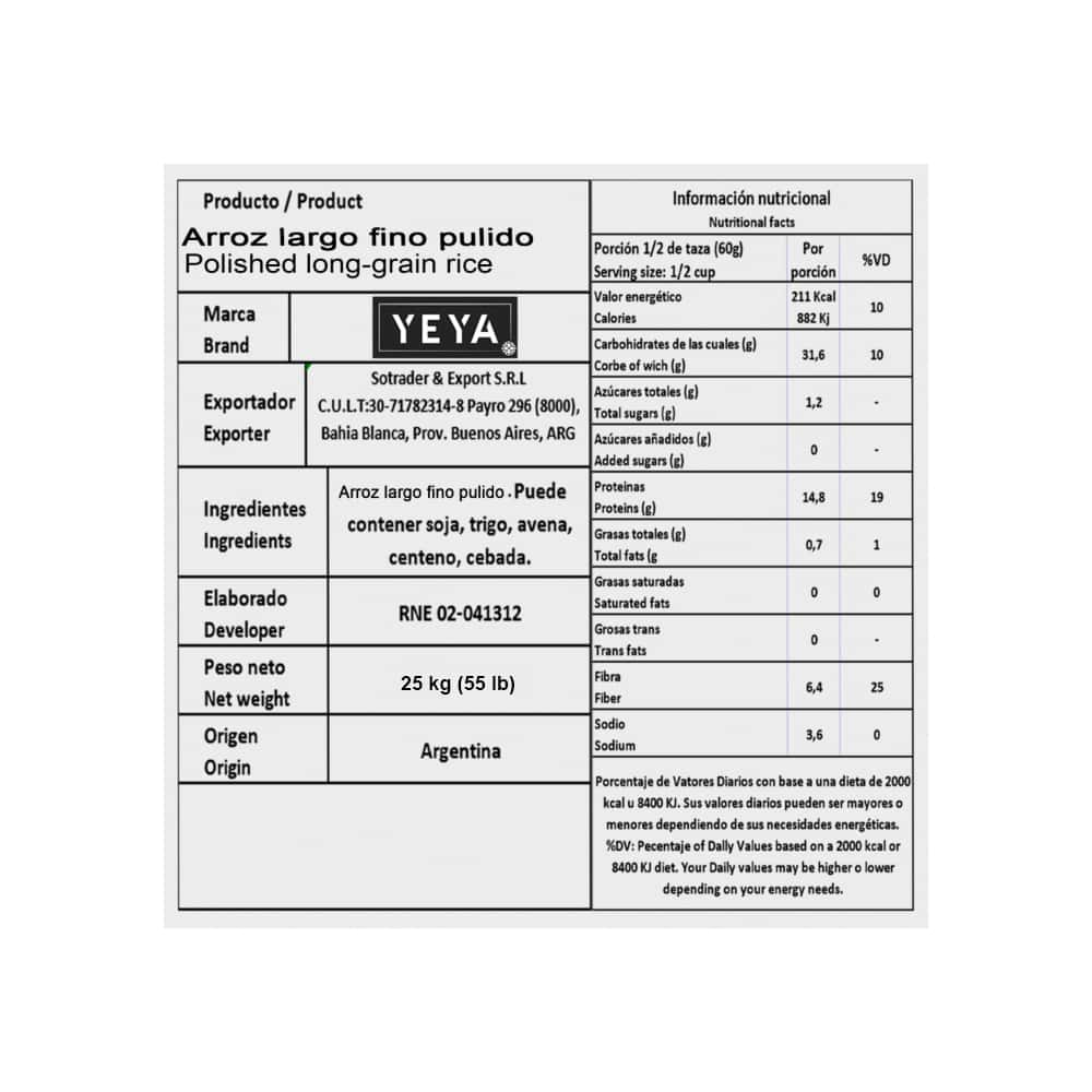 Arroz blanco de grano largo YEYA (25 kg / 55 lb) - Miniatura 2