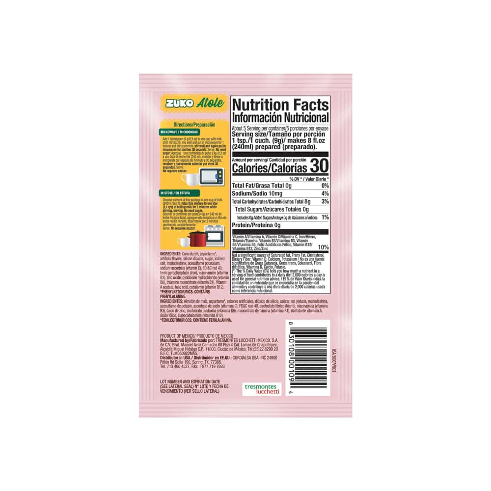 Polvo de fécula de maíz para preparar atole sabor fresa Zuko (45 g / 1.6 oz) - Miniatura 2