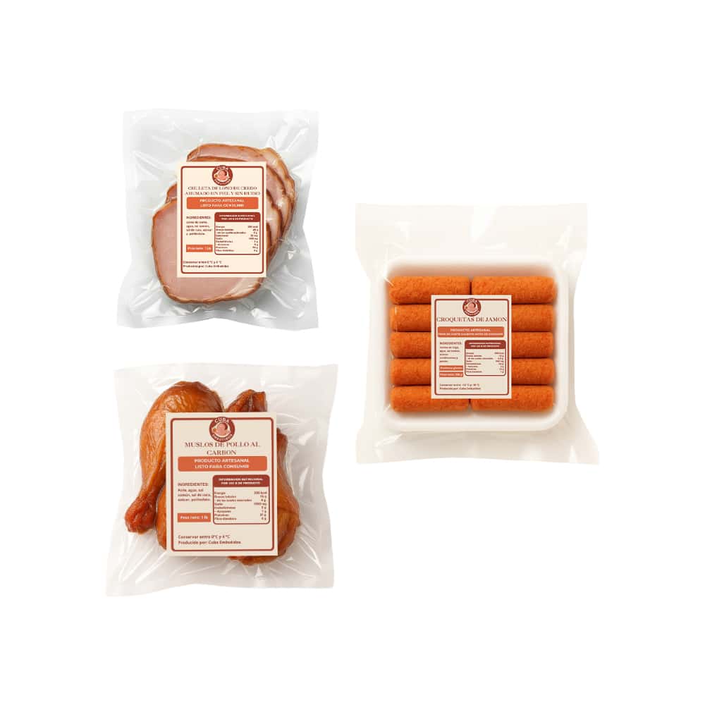Chuletas de lomo de cerdo ahumado sin piel y sin huesos+ Muslos de pollo al carbón + Croquetas de jamón - Miniatura 1