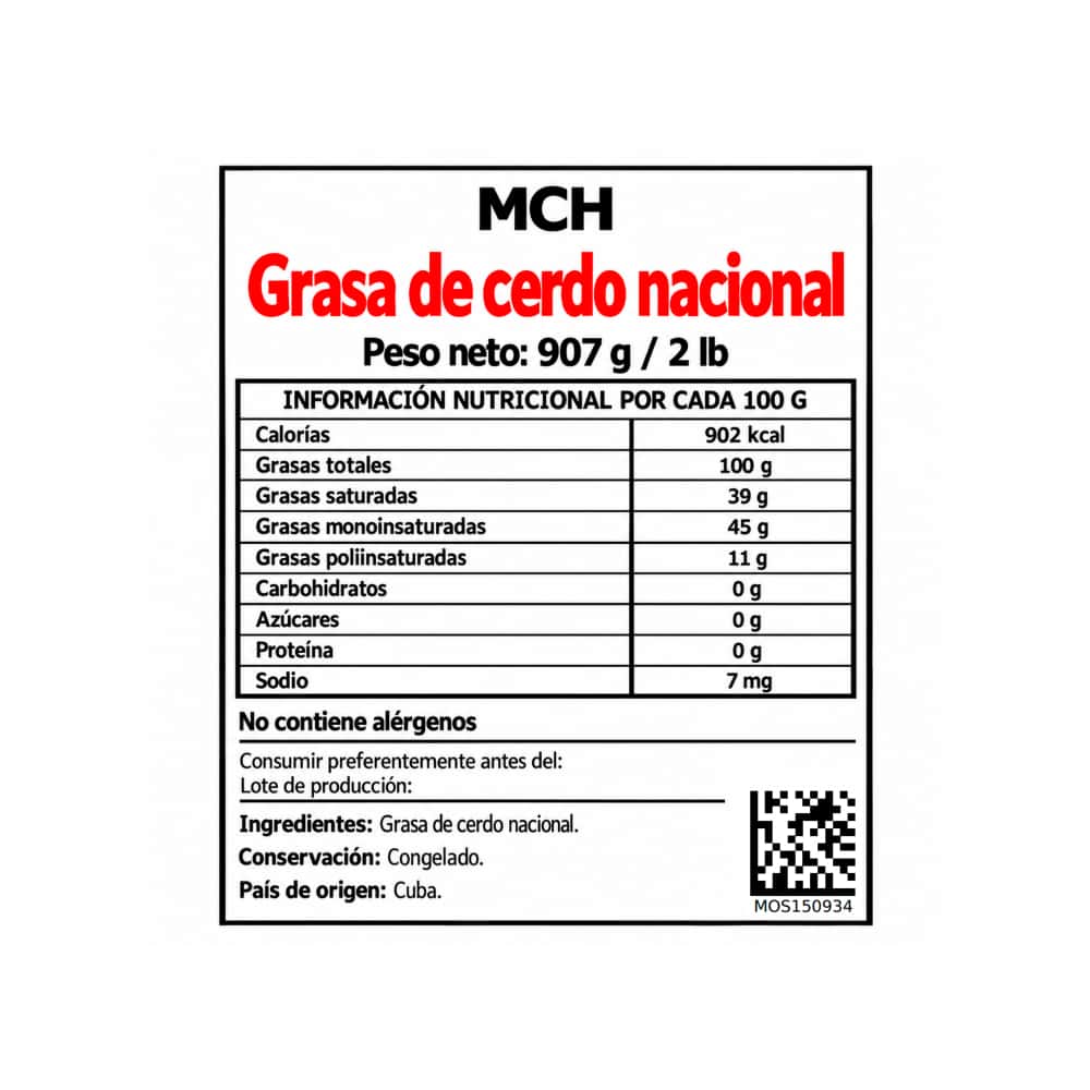 Grasa de cerdo nacional con piel MCH (907 g / 2 lb) - Miniatura 2