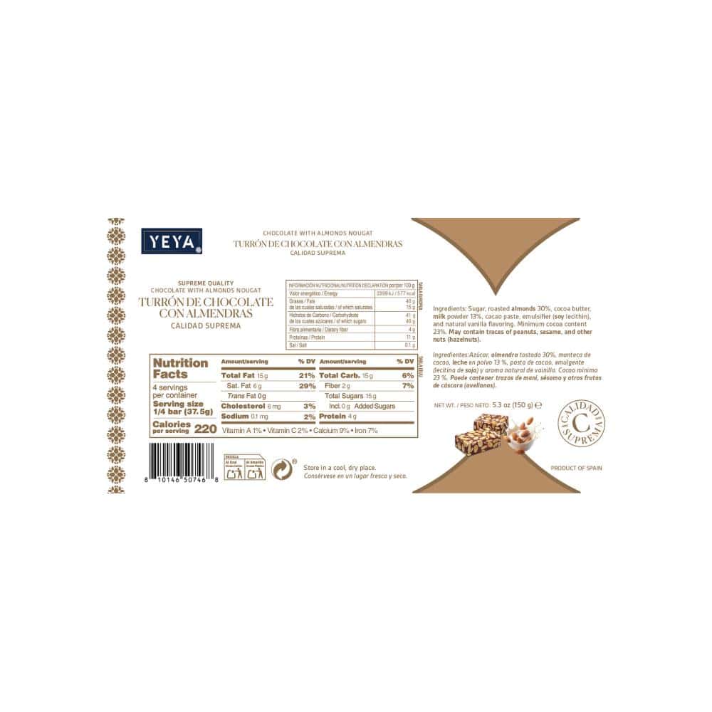 Turrón de chocolate con almendras Calidad suprema YEYA (150 g / 5.3 oz) - Miniatura 2