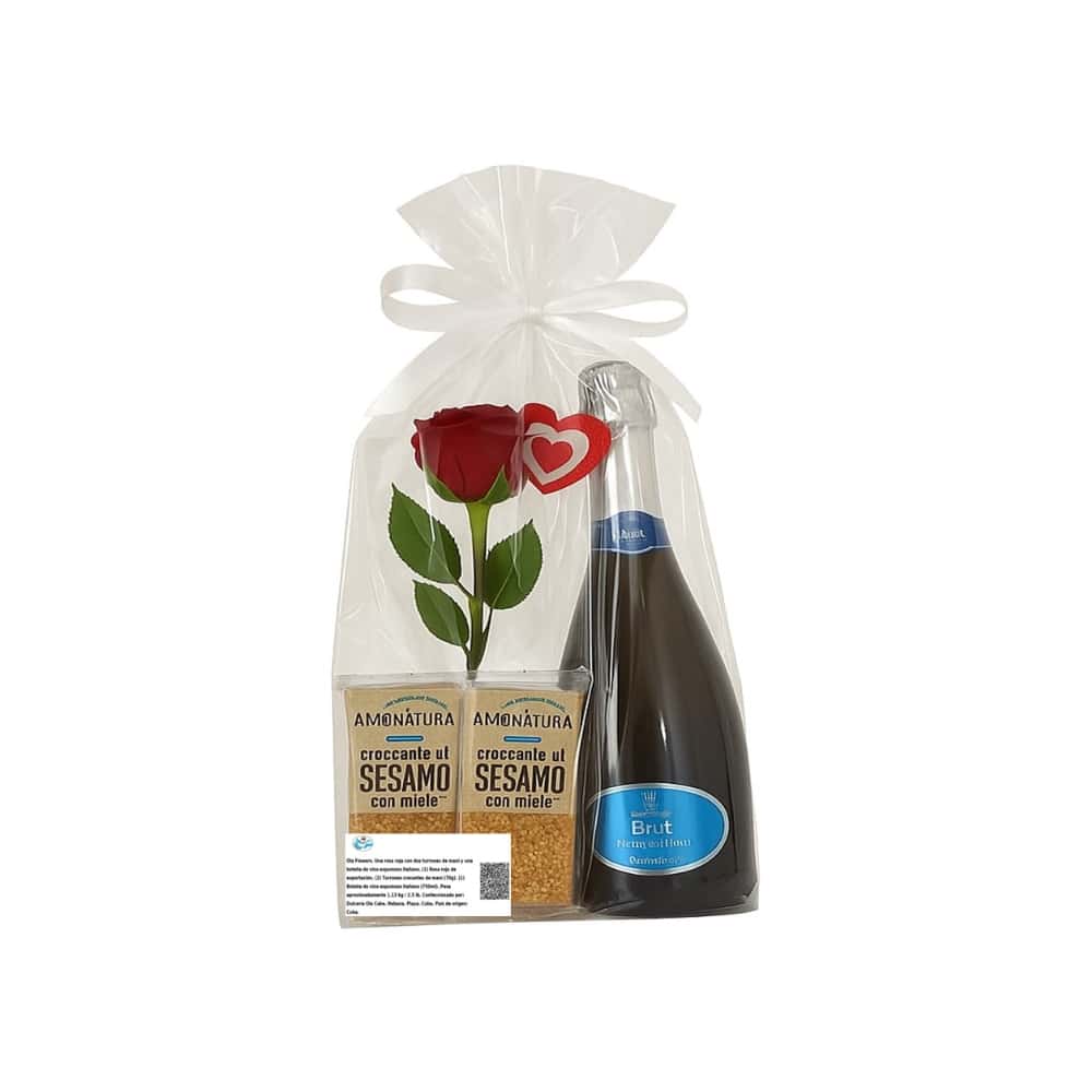 Una rosa con dos turrones de mani y una botella de vino espumoso italiano. Ola Flowers - Miniatura 2
