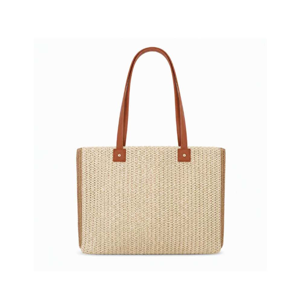 Bolso tote de playa tejido en beige con detalles en marrón y asas de piel Isabella (1 U) - Miniatura 3
