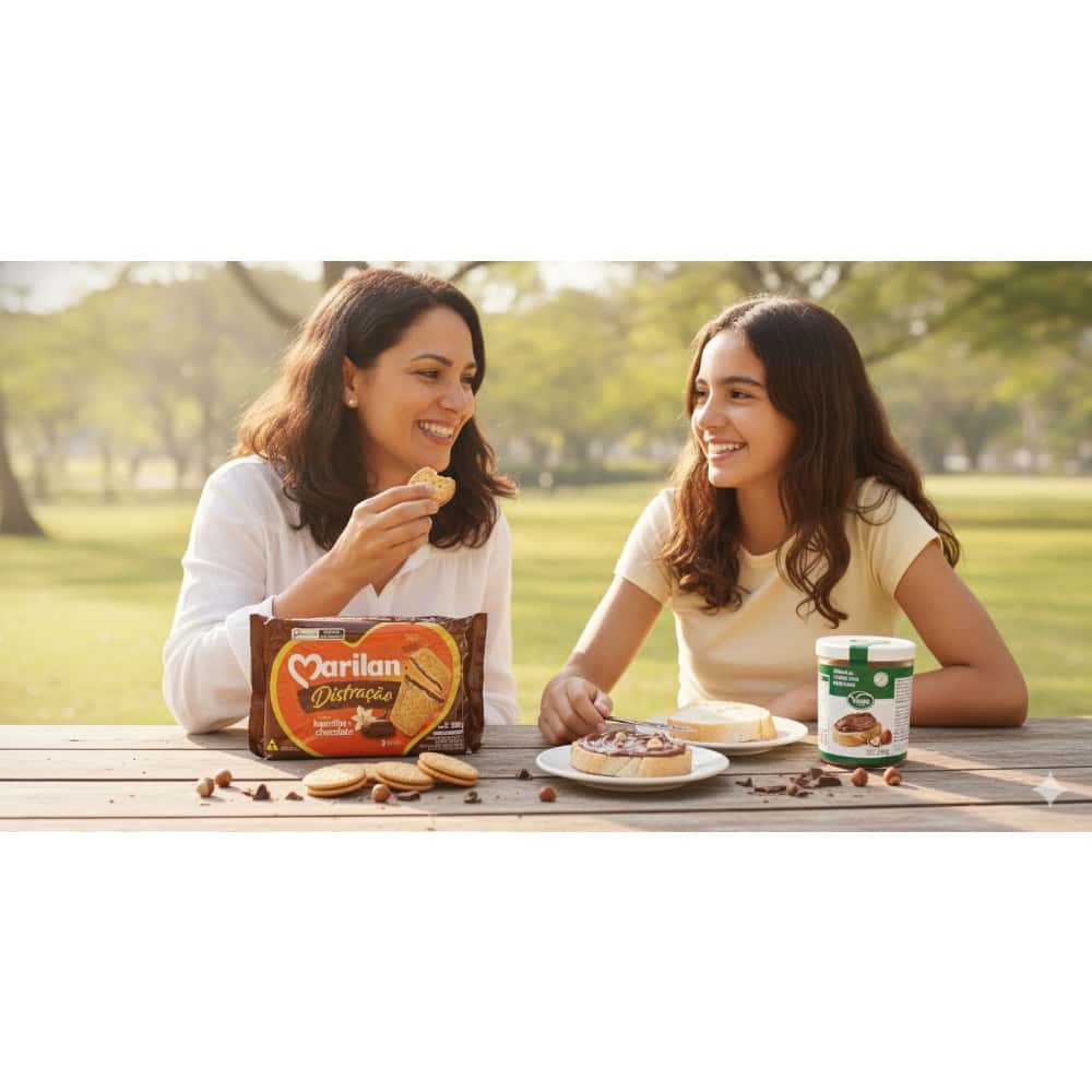Crema de cacao con avellanas Vima Foods (210 g / 7.41 oz) + Galleta triple capa sabor vainilla con chocolate Distracao Marilan (280 g / 9.88 oz) - Miniatura 4