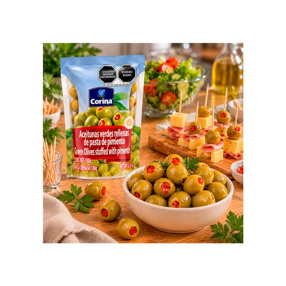 Aceitunas verdes rellenas de pasta de pimiento Corina (180 g / 6.34 oz) - Miniatura 5