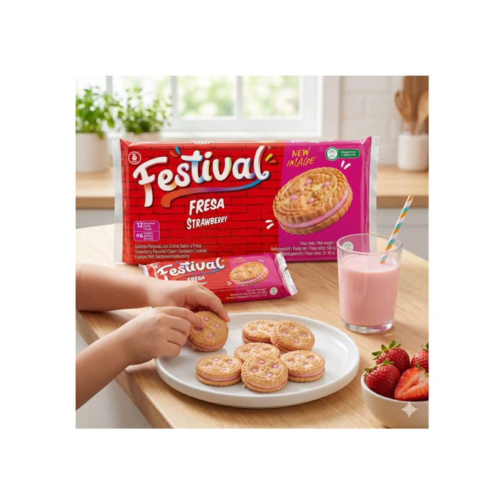 Galletas dulces rellenas con crema sabor a fresa Festival Noel (600 g / 1.32 lb) - Miniatura 5