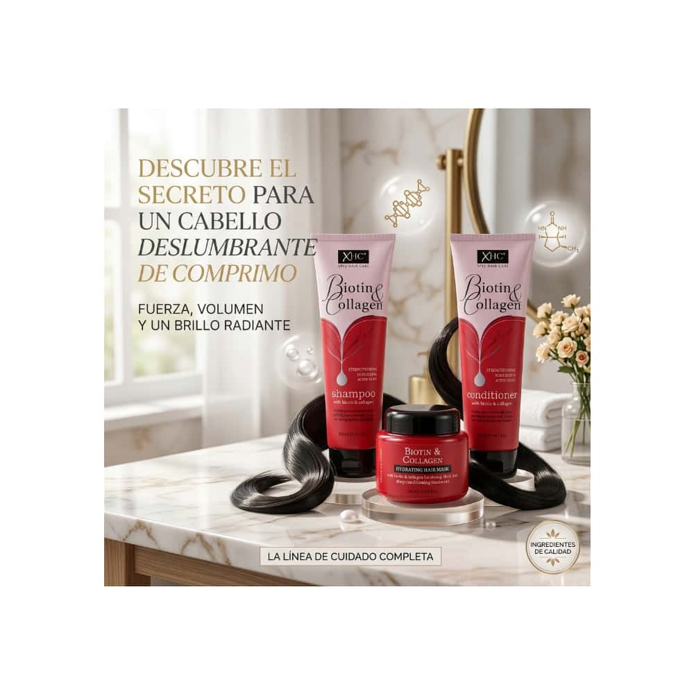 Set de champú, acondicionador y mascarilla capilar de biotina y colageno XHC (2 x 300ml + 220ml) - Miniatura 5