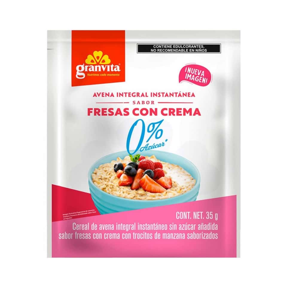Avena integral instantánea sin azúcar sabor fresa con crema Granvita (35 g / 1.23 oz) - Miniatura 1