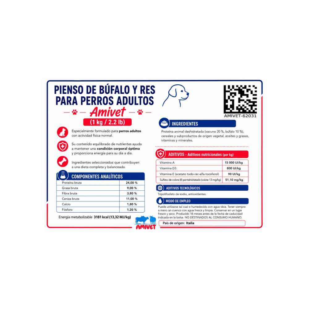 Pienso con sabor a búfalo y res para perros adultos Amivet (1 kg / 2.2 lb) - Miniatura 2