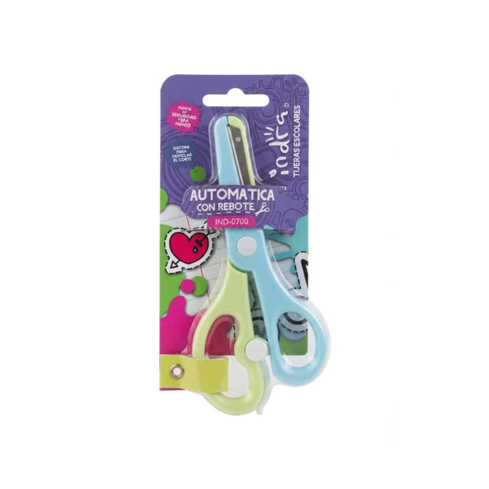 Tijera escolar automática con funda de plástico azul y verde Indra - Miniatura 1