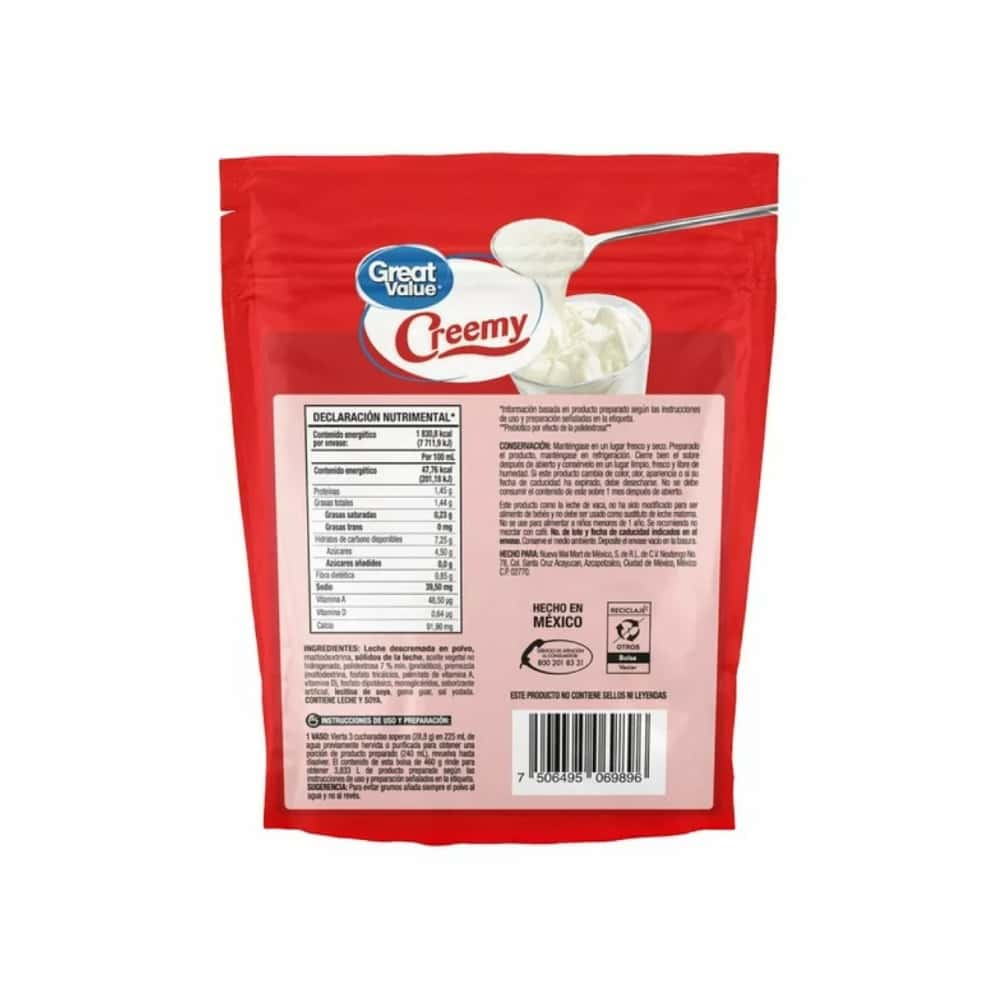 Alimento en polvo para preparar bebida a base de leche descremada y grasa vegetal Creemy Great Value (460 g / 1.01 lb) - Miniatura 2