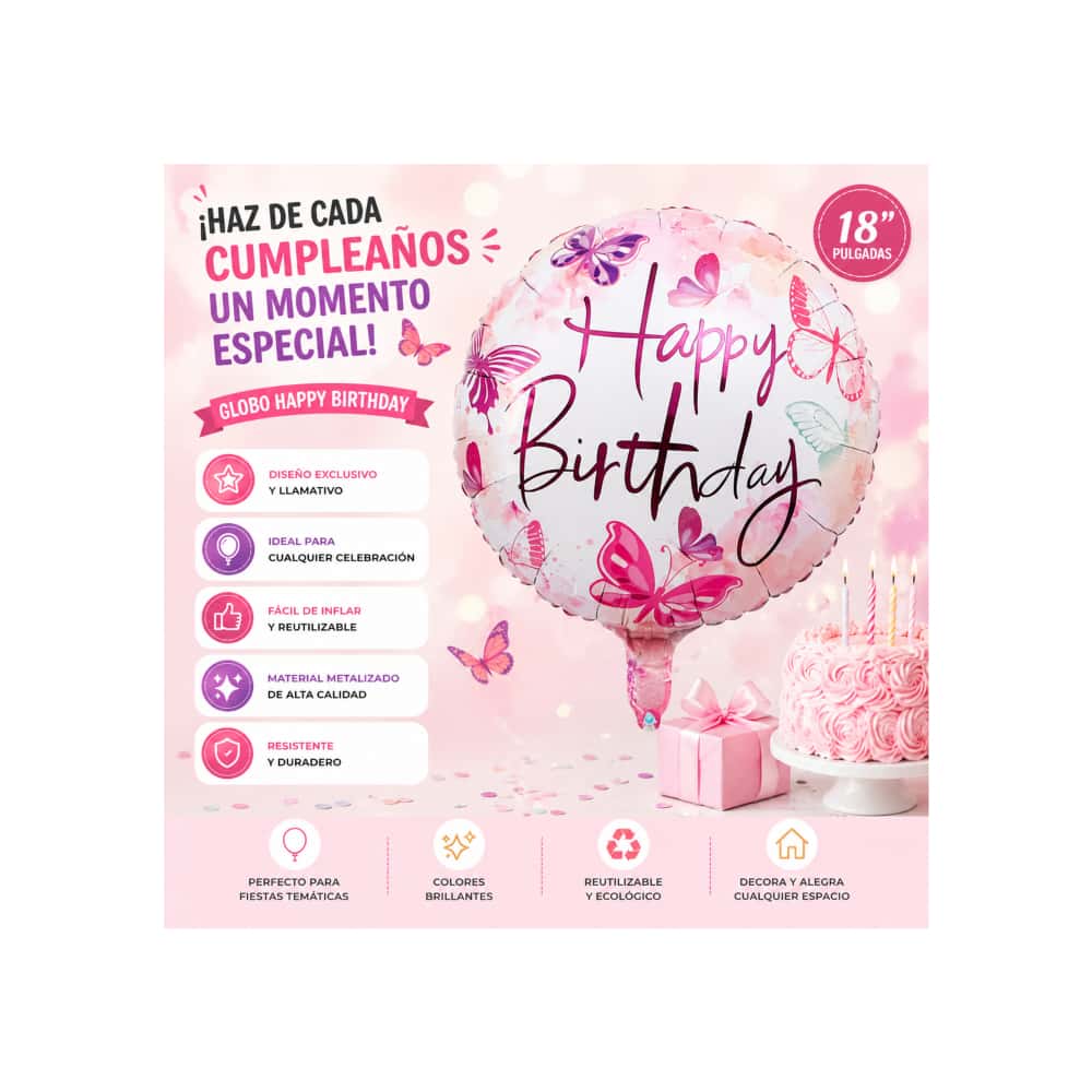 Globo con cartel de Happy birthday y diseño de mariposas Ballon (18 pulgadas) - Miniatura 4