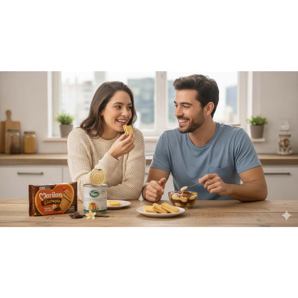 Leche condensada azucarada Vima Foods (390 g / 13.8 oz) + Galleta triple capa sabor vainilla con chocolate Distracao Marilan (280 g / 9.88 oz) - Miniatura 4