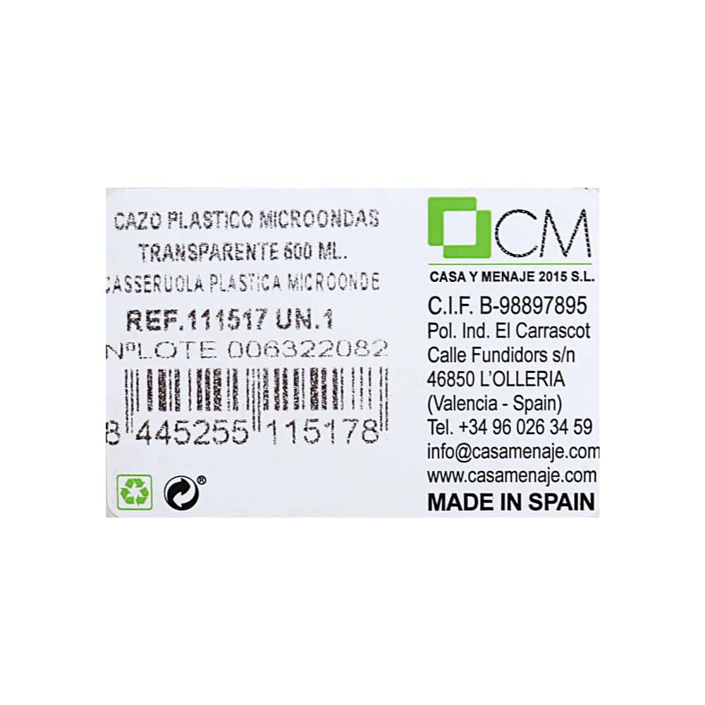 Cazo -recipiente- transparente de plástico para microondas 500 ml Casa y Menaje - Miniatura 2