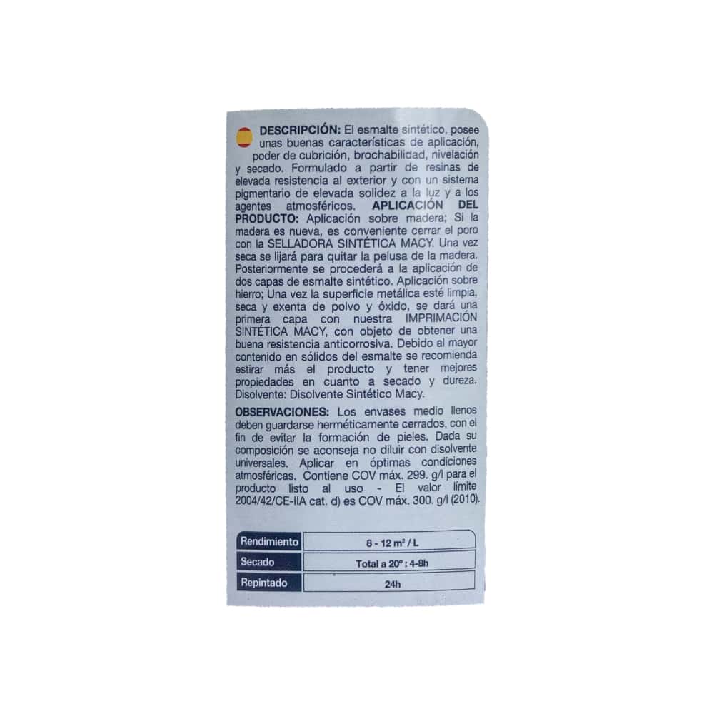 Esmalte sintético multisuperficies interior y exterior base disolvente color blanco brillo Macy (750 ML) - Miniatura 3