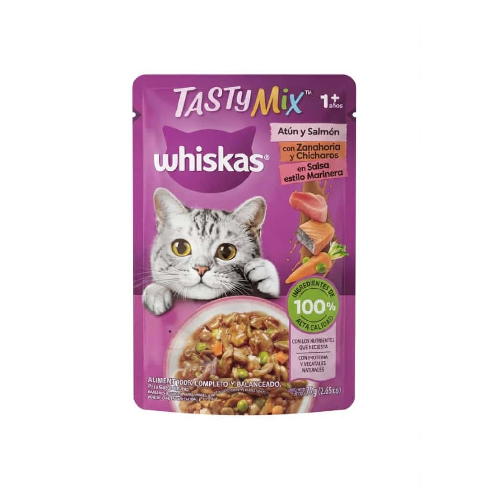 Alimento para gatos adultos con sabor a atún y salmón con zanahoria y chícharos en salsa Tasty Mix Whiskas (75 g / 2.64 oz) - Miniatura 1