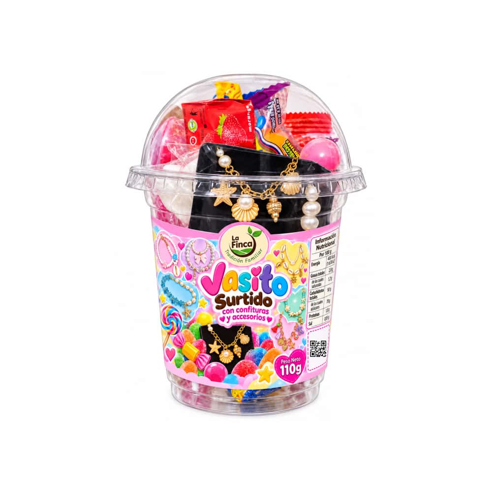 Vaso sorpresa surtido de confituras, accesorios y juguetes con dulce La Finca (110 g / 3.8 oz) - Miniatura 1