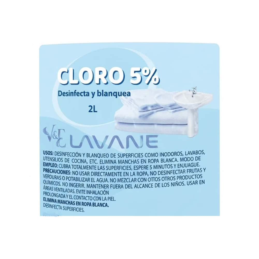Cloro con hipoclorito de sodio concentrado al 5% de claro activo Lavane (2 L) - Miniatura 2