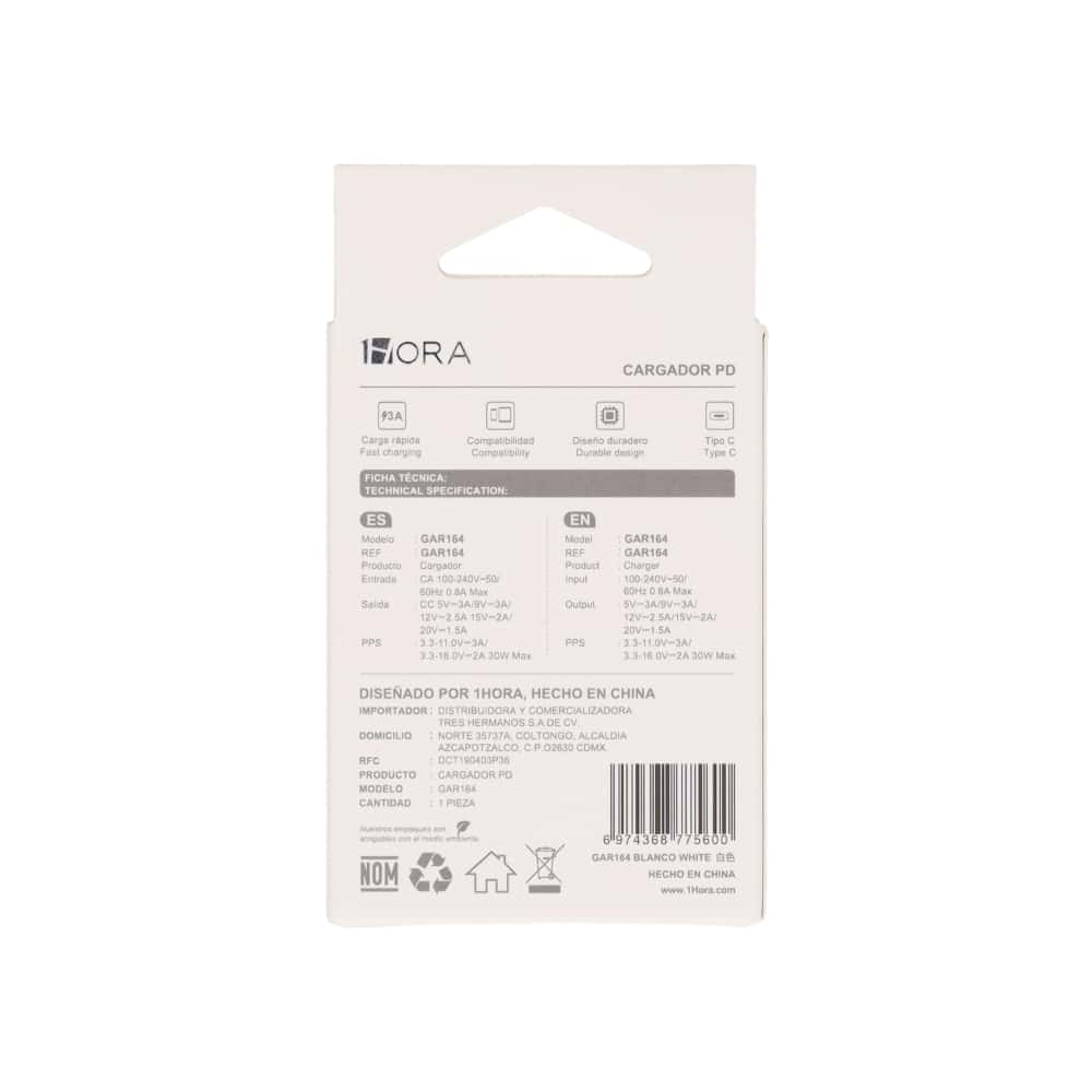 Cargador blanco tipo C PD 1Hora GAR164 (30 W) - Miniatura 2