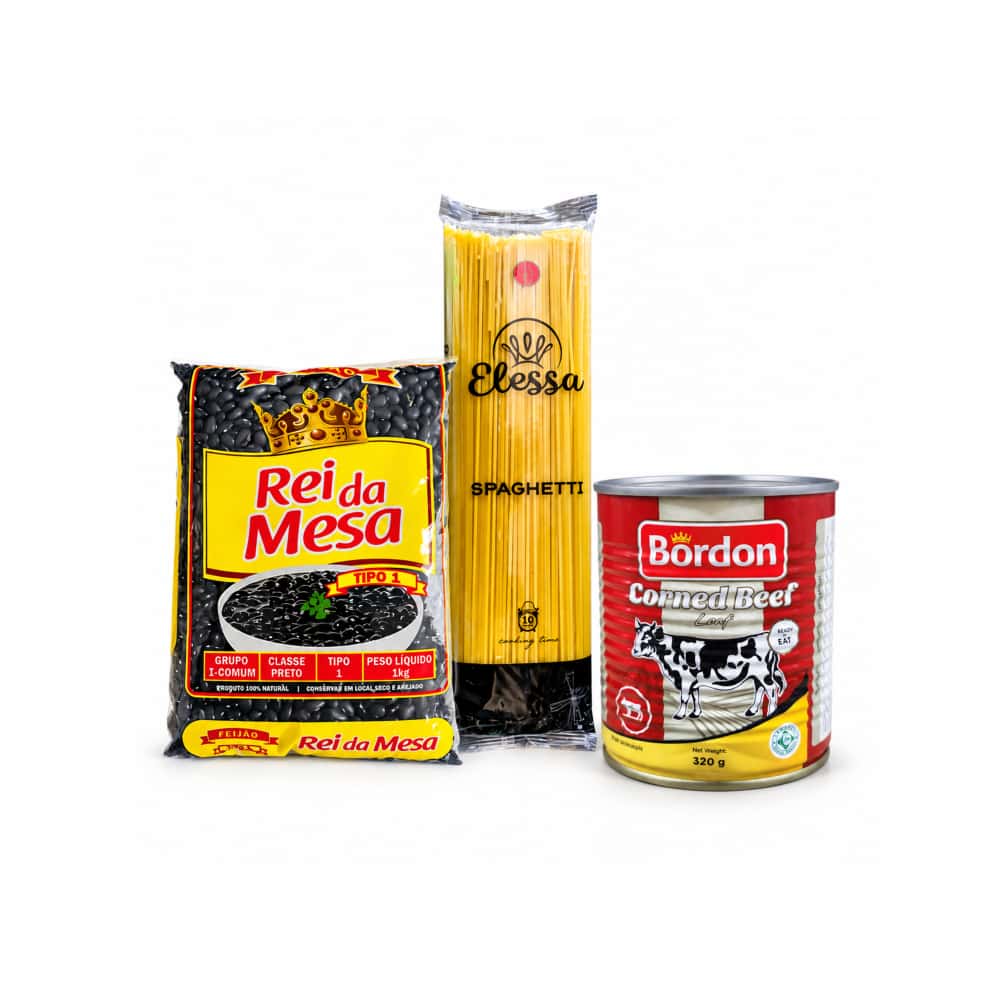 Frijoles negros tipo 1 Rei da Mesa Feijao (1 kg / 2.2 lb) + Espaguetis Elessa (500 g / 1.10 lb) + Carne enlatada de res en conserva salada Bordon (320 g / 0.71 lb) - Miniatura 1