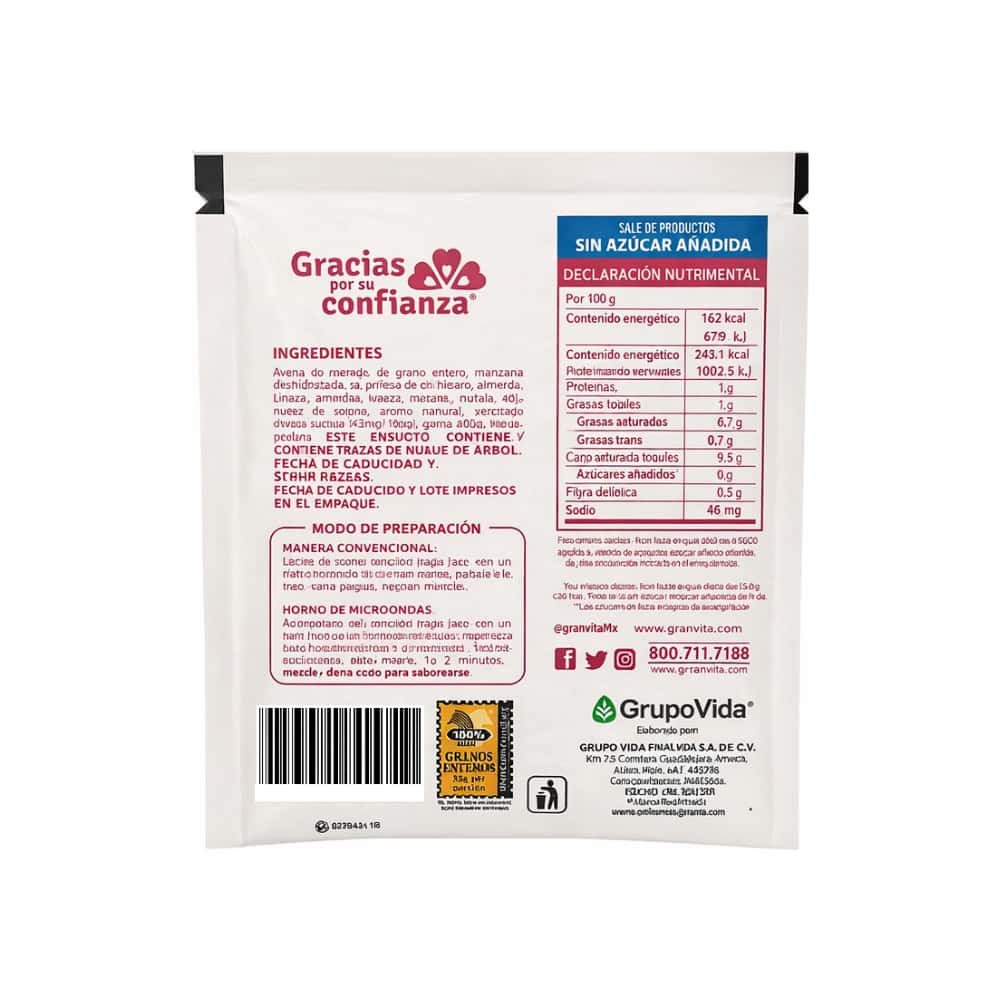 Avena integral instantánea sin azúcar sabor manzana con canela Granvita (35 g / 1.23 oz) - Miniatura 7
