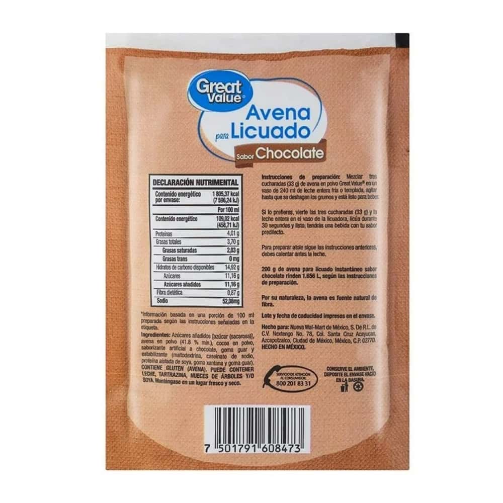 Avena para licuado instantáneo sabor chocolate Great Value (200 g / 7.05 oz) - Miniatura 2