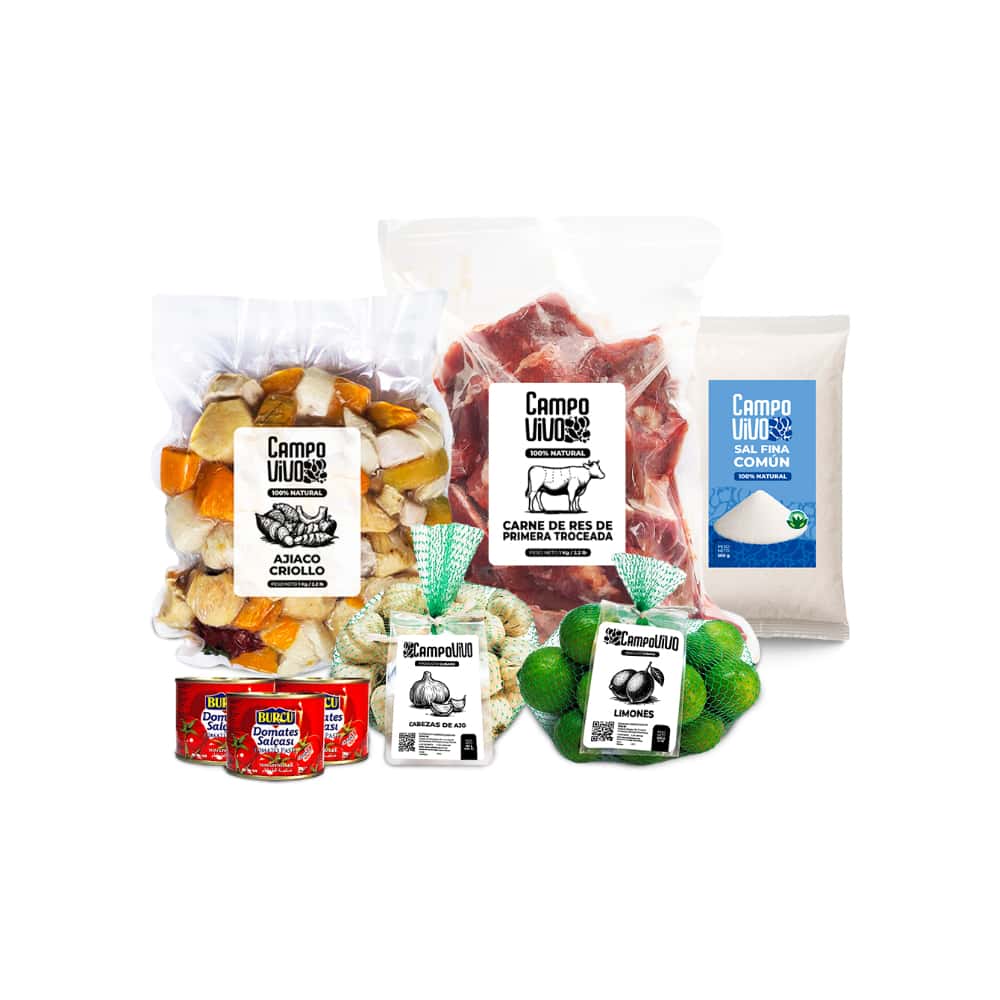Combo para caldos Campo Vivo: Ajiaco criollo + Cabezas de ajo + Carne de res de primera troceada + Limones + Sal fina común + Pasta de tomate Burcu - Miniatura 1