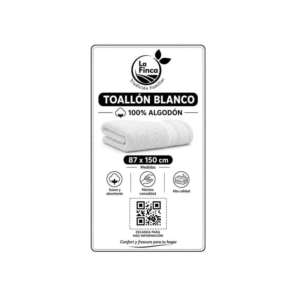 Toalla blanca grande 100% algodón 87 cm x 150 cm La Finca - Miniatura 2