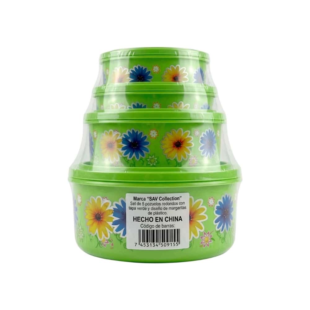 Set de 5 pozuelos redondos con tapa verde y diseño de margaritas de plástico SAV Collection - Miniatura 3
