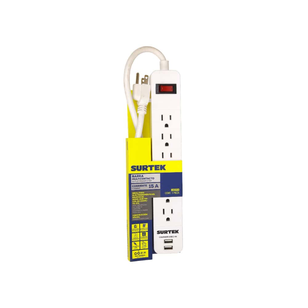 Barra multicontacto - regleta - de 6 entradas + 2 puertos USB con cable 50 cm Surtek 136204 - Miniatura 2