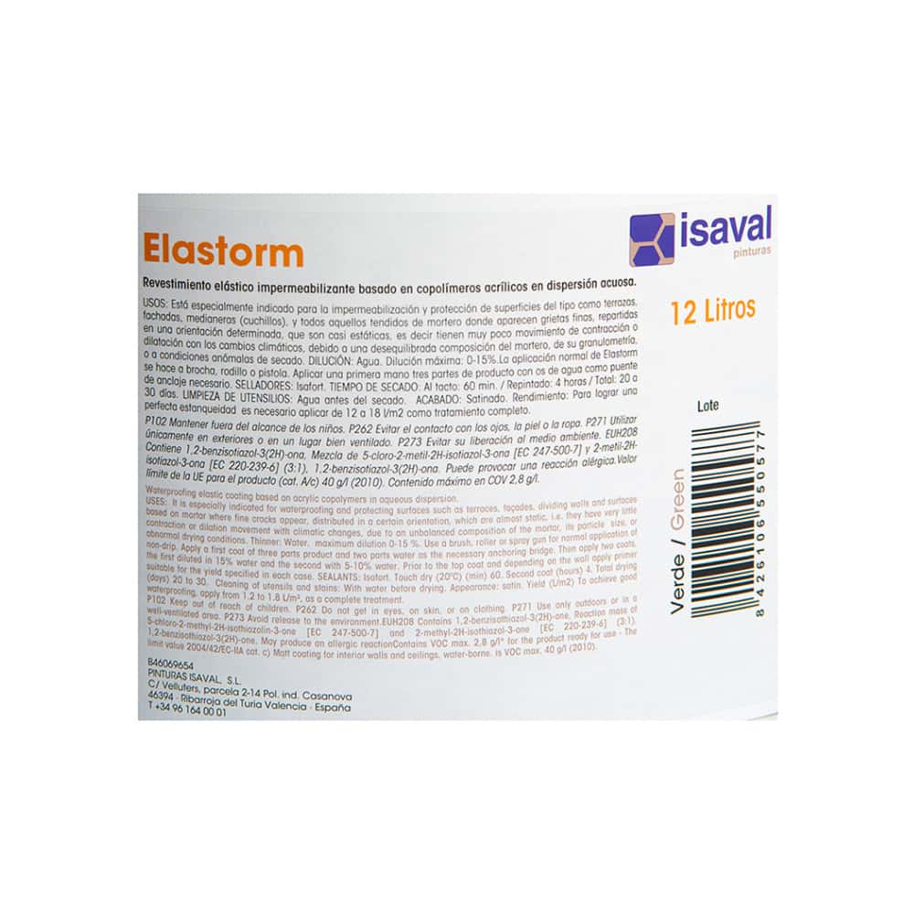 Pintura elástica impermeabilizante color verde Elastorm Blancolor Isaval (12 L) - Miniatura 4