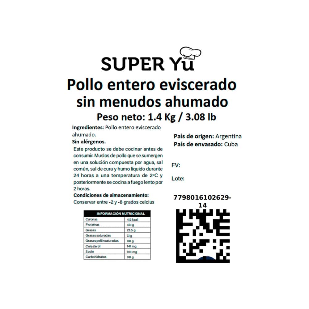 Pollo entero eviscerado sin menudos ahumado Super Yu (1.4 kg / 3.08 lb) - Miniatura 4