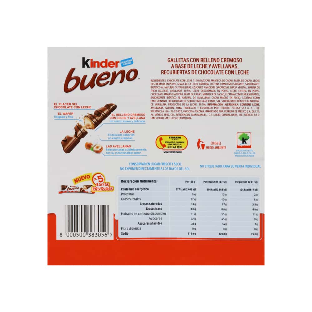 Galletas con relleno cremoso a base de leche y avellanas recubiertas de chocolate con leche Kinder Bueno (107.5 g / 3.79 oz) - Miniatura 2
