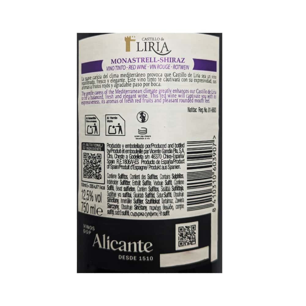Vino tinto Monastrell Shiraz Castillo de Liria (750 ml) - Miniatura 3