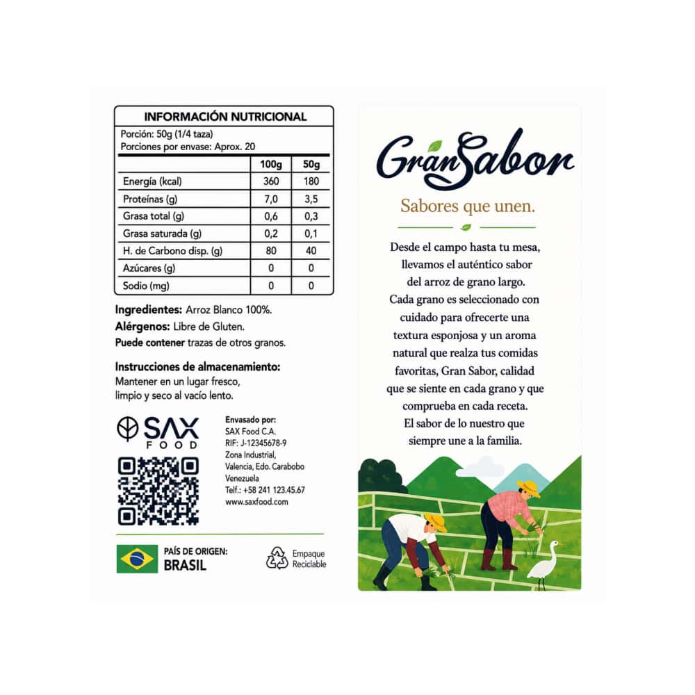 Arroz blanco de grano largo Gran Sabor (6 x 1 kg / 2.2 lb) - Miniatura 4