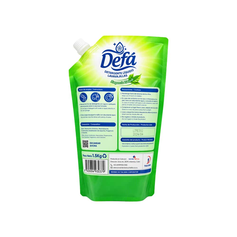 Detergente líquido lavavajillas fragancia Té Verde Defá (1.5 kg / 3.3 lb) - Miniatura 2