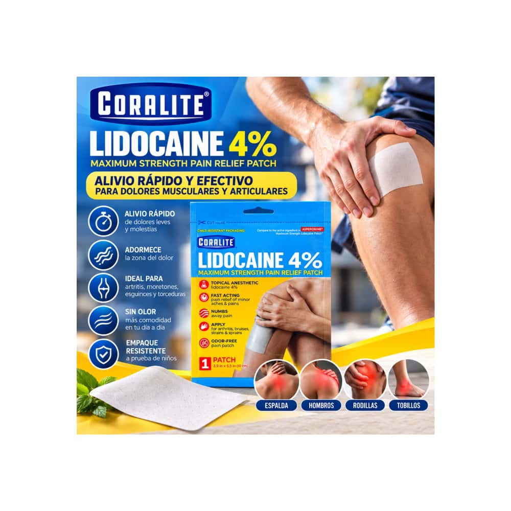 Parche analgésico de máxima potencia con lidocaína al 4% Coralite (10 cm x 14 cm / 3.9 in x 5.5 in) - Miniatura 3