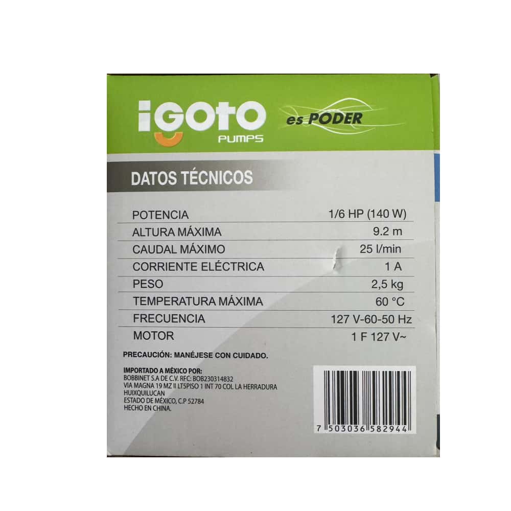 Bomba presurizadora de agua 1/6 Hp Igoto PAC15 - Miniatura 4