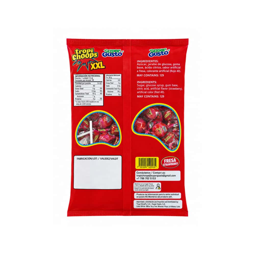 Paquete de chupa chupa XXL relleno de chicle sabor fresa Tropi Gusto (1.2 kg / 2.64 lb) - Miniatura 2