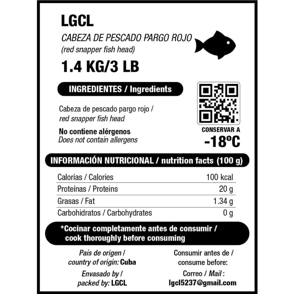 Cabeza de pescado pargo rojo LGCL (1.4 kg / 3 lb) - Miniatura 3