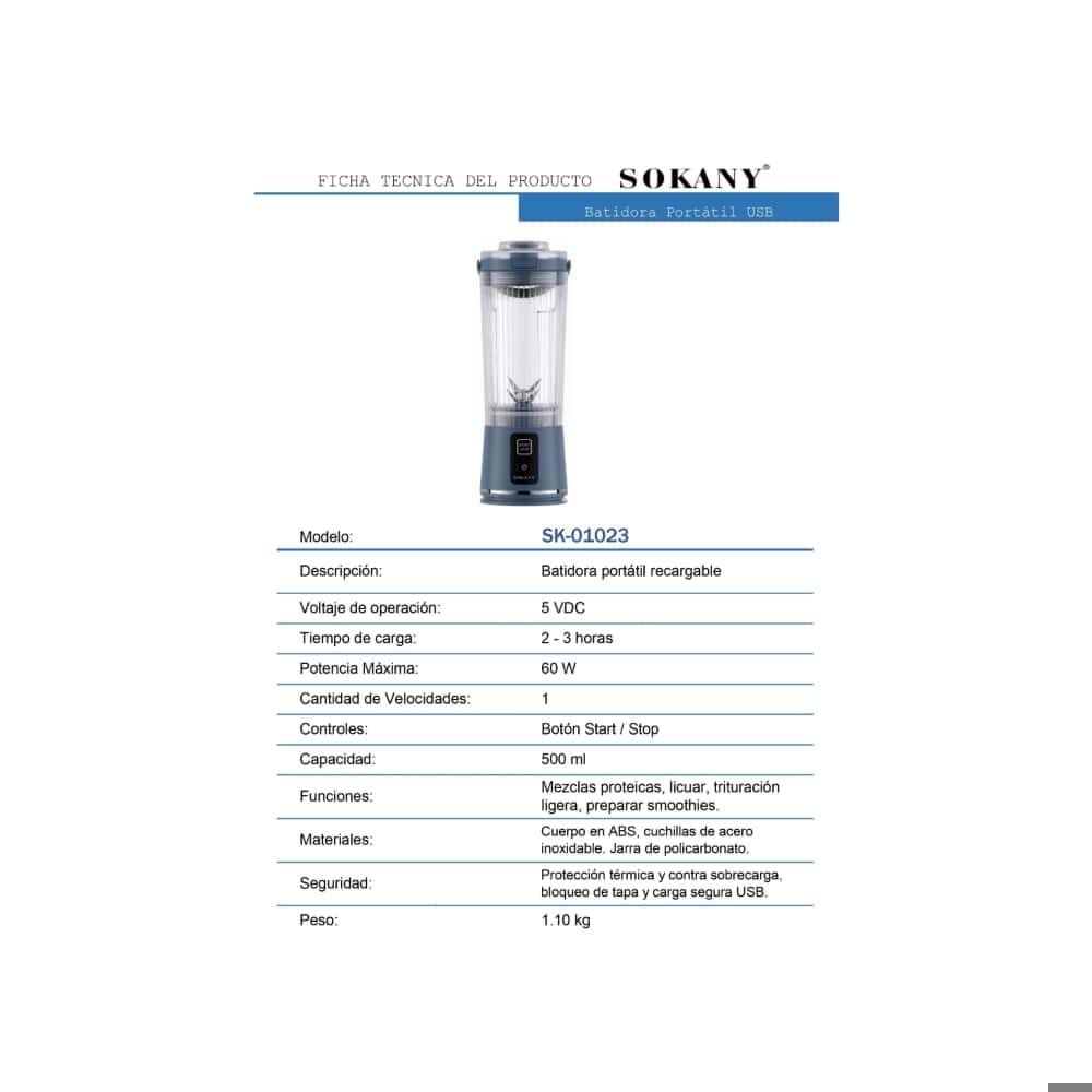 Batidora portátil recargable 500 ml Sokany SK-01023 - Miniatura 4