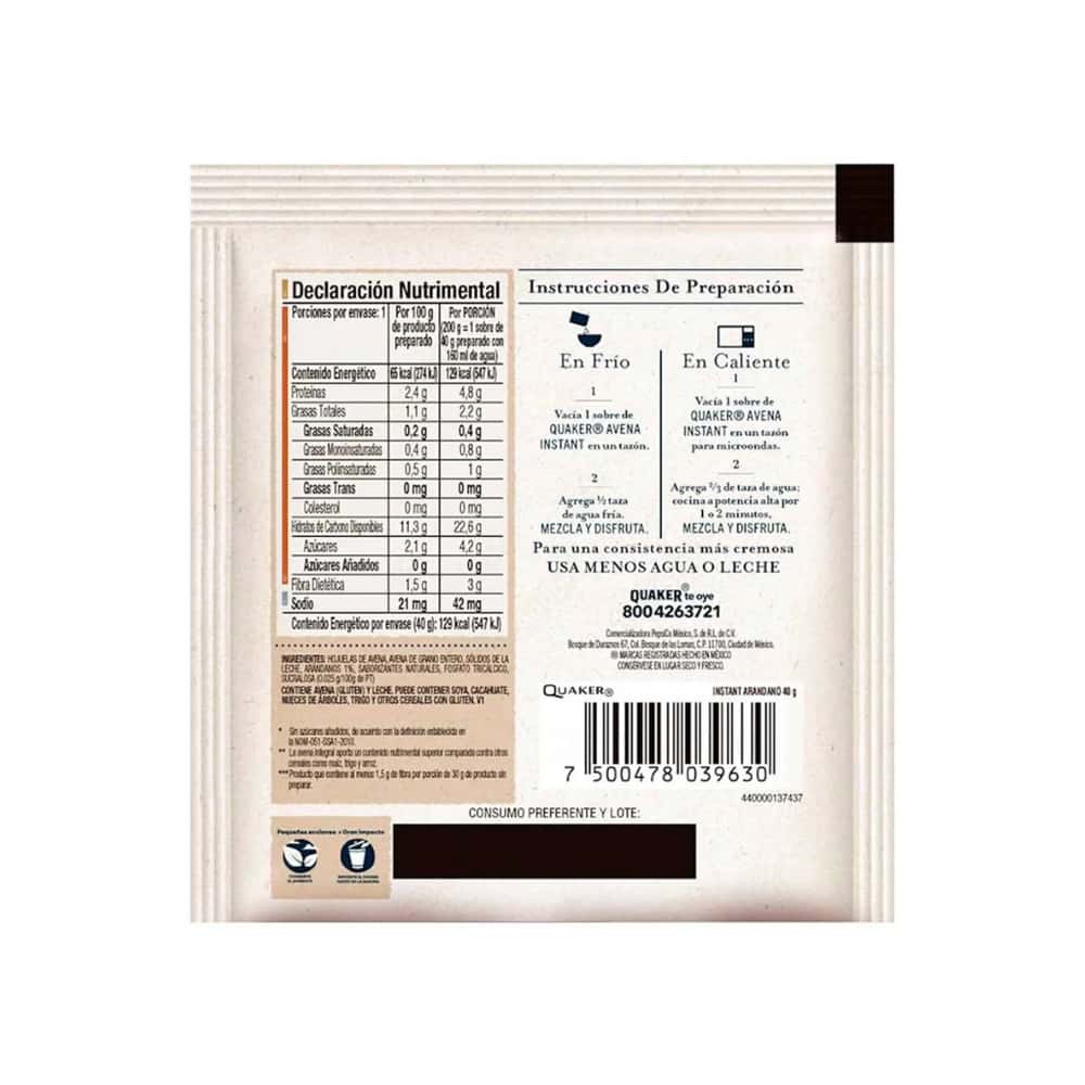 Combo de cereal para desayuno sin azúcar quaker sabor arándanos (35 g / 1.23 oz) + manzana y canela (35 g / 1.23 oz) - Miniatura 3