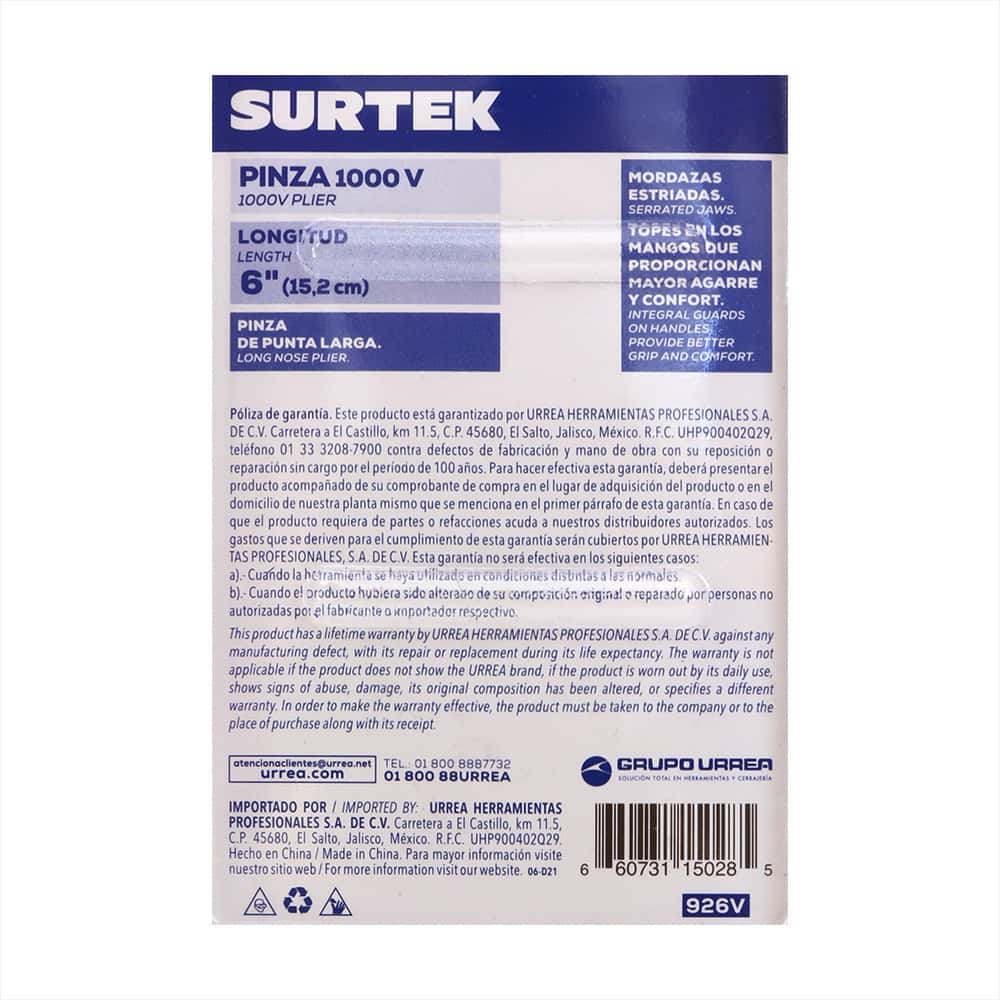 Pinza profesional para electricista de punta larga de 6" 1000 V Surtek 926V - Miniatura 3