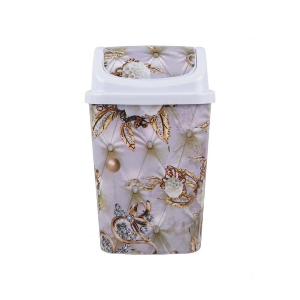 Cesto de basura pequeño de plástico con tapa oscilante con estampado acolchado de perlas y flores doradas Neki Impex (1 U) - Miniatura 2
