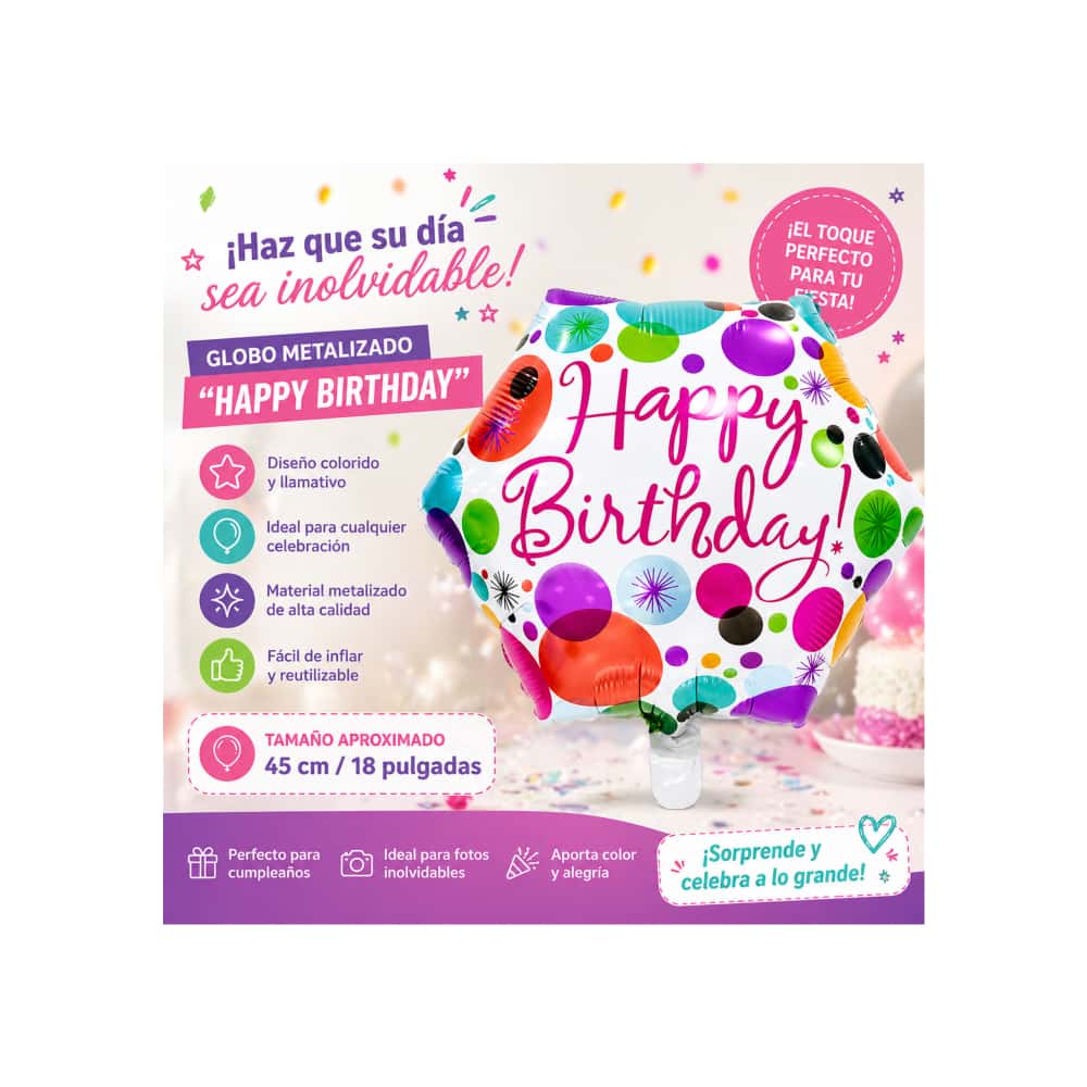 Globo hexagonal con cartel de Happy Birthday Ballon (18 pulgadas) - Miniatura 4