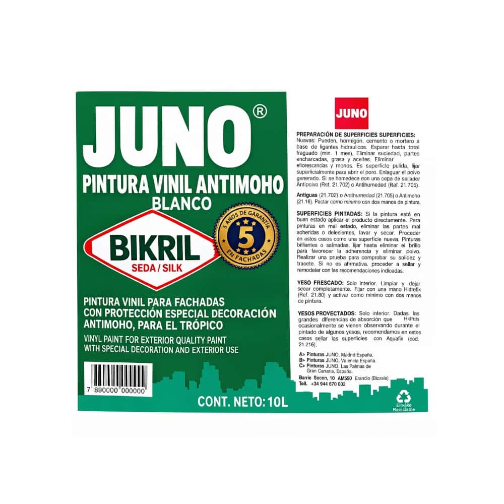 Pintura vinílica antimoho blanca seda JUNO BIKRIL (10 L) - Miniatura 2